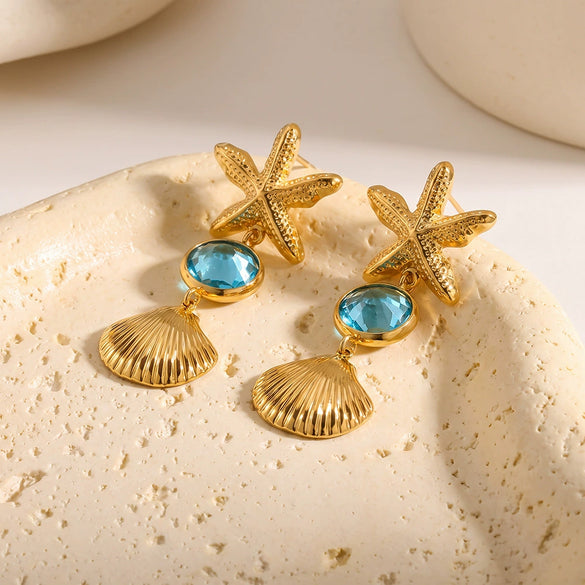 Women's Stainless Steel Geometric Stud Earrings With Starfish And Seashell Motifs Electroplated Trendy Beach Style Jewelry