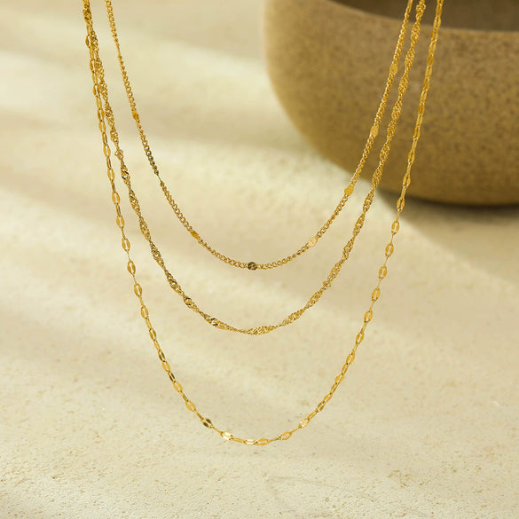 Women's Stainless Steel Geometric Style Electroplated Threelayer Plain Chain Necklace