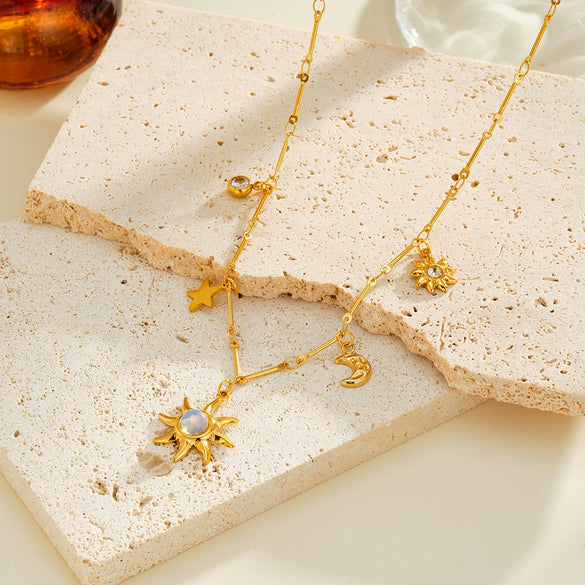 Women's Stainless Steel Geometric Sun Moon Star Necklace With Cat's Eye Stone Zircon And Rhinestone Accents 18K Vacuum Plated Light Luxury Jewelry