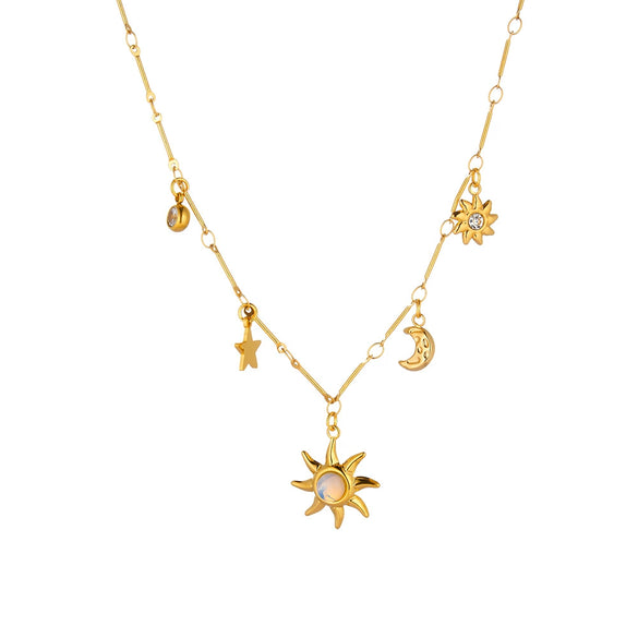 Women's Stainless Steel Geometric Sun Moon Star Necklace With Cat's Eye Stone Zircon And Rhinestone Accents 18K Vacuum Plated Light Luxury Jewelry