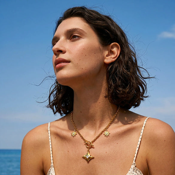 Women's Stainless Steel Geometric Sun Pendant Necklace With Zircon Rhinestone Accents And 18K Vacuum Plated Finish