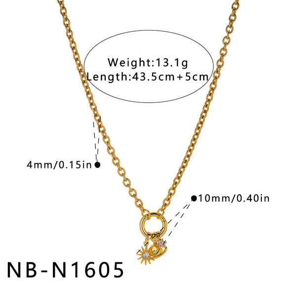 Women's Stainless Steel Geometric Sun Pendant Necklace With Zircon Rhinestone And Pearl Accents 18K Vacuum Plated Regular Chain