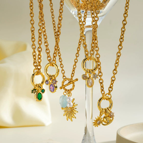 Women's Stainless Steel Geometric Sun Pendant Necklace With Zircon Rhinestone And Pearl Accents 18K Vacuum Plated Regular Chain