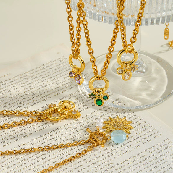 Women's Stainless Steel Geometric Sun Pendant Necklace With Zircon Rhinestone And Pearl Accents 18K Vacuum Plated Regular Chain
