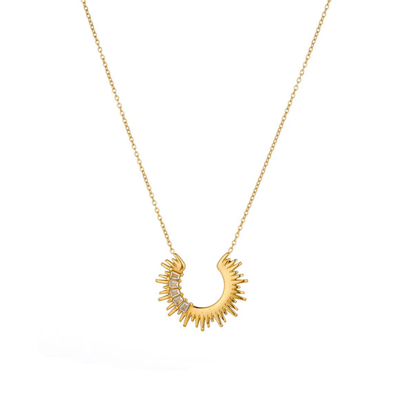 Women's Stainless Steel Geometric Sunflower Pendant Necklace With Rhinestones And 18K Vacuum Plated Finish