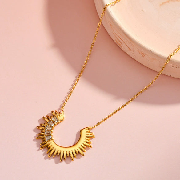 Women's Stainless Steel Geometric Sunflower Pendant Necklace With Rhinestones And 18K Vacuum Plated Finish