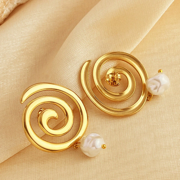 Women's Stainless Steel Geometric Swirl Pearl Retro Elegant Earrings With Electroplating