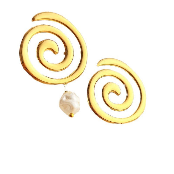 Women's Stainless Steel Geometric Swirl Pearl Retro Elegant Earrings With Electroplating
