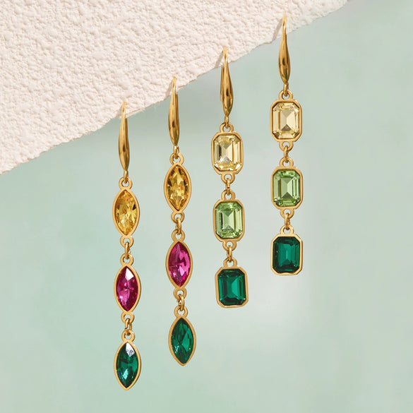 Women's Stainless Steel Geometric Tassel Earrings With Rhinestones And Gemstones Plated Sparkling Pierced Earrings For Wholesale