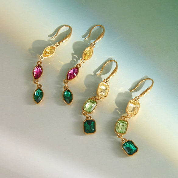 Women's Stainless Steel Geometric Tassel Earrings With Rhinestones And Gemstones Plated Sparkling Pierced Earrings For Wholesale