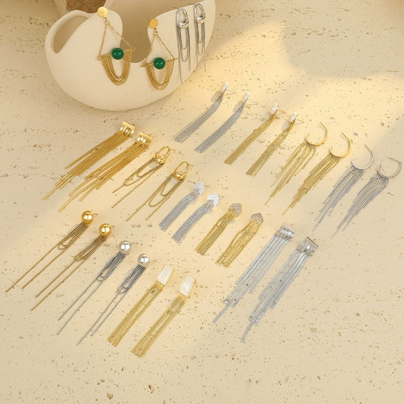 Women's Stainless Steel Geometric Tassel Zircon Earrings Vintage Style Electroplated