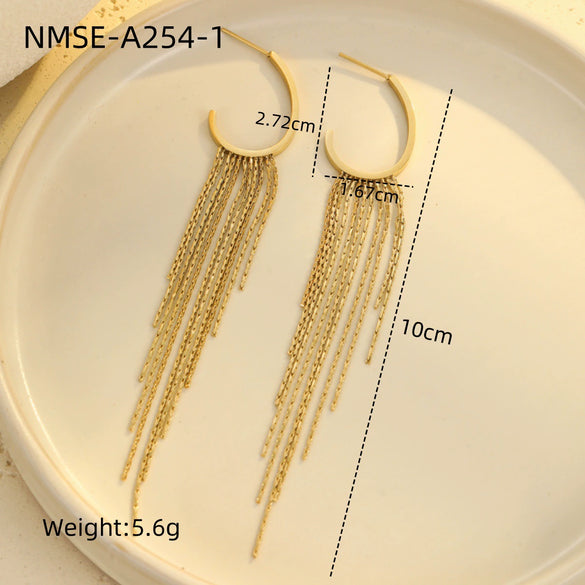Women's Stainless Steel Geometric Tassel Zircon Earrings Vintage Style Electroplated