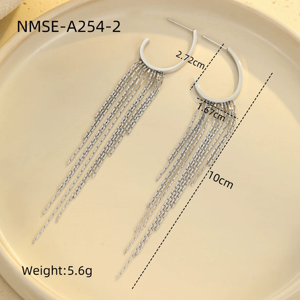 Women's Stainless Steel Geometric Tassel Zircon Earrings Vintage Style Electroplated