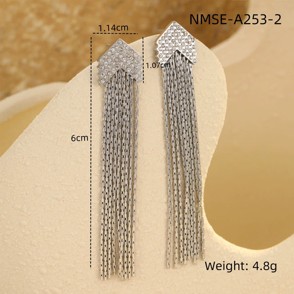 Women's Stainless Steel Geometric Tassel Zircon Earrings Vintage Style Electroplated