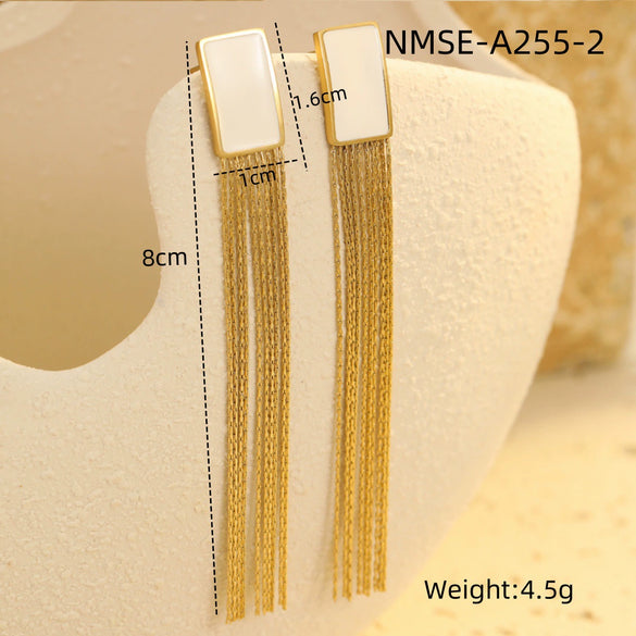Women's Stainless Steel Geometric Tassel Zircon Earrings Vintage Style Electroplated