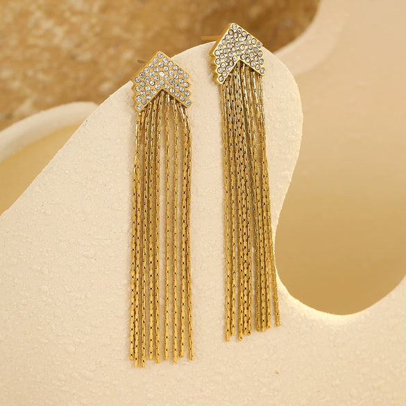Women's Stainless Steel Geometric Tassel Zircon Earrings Vintage Style Electroplated