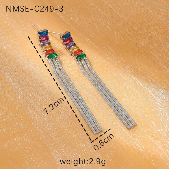Women's Stainless Steel Geometric Tassel Zircon Earrings Vintage Style Electroplated
