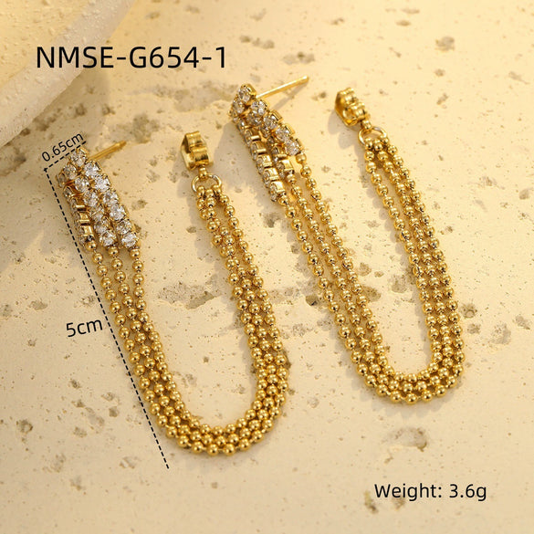 Women's Stainless Steel Geometric Tassel Zircon Earrings Vintage Style Electroplated