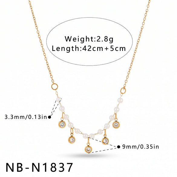 Women's Stainless Steel Geometric Teardrop Heart Pendant Necklace With Zircon Rhinestone And Pearl Accents Light Luxury Plated Jewelry