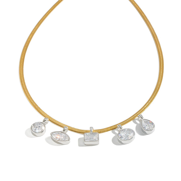 Women's Stainless Steel Geometric Teardrop Pendant Necklace With Cubic Zirconia Flat Snake Chain And Vacuum Goldplated Finish
