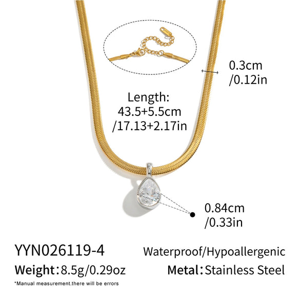 Women's Stainless Steel Geometric Teardrop Pendant Necklace With Cubic Zirconia Flat Snake Chain And Vacuum Goldplated Finish
