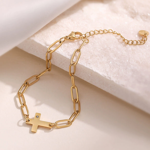 Women's Stainless Steel Geometric Tree Of Life Cross Bracelet 18K Gold Plated