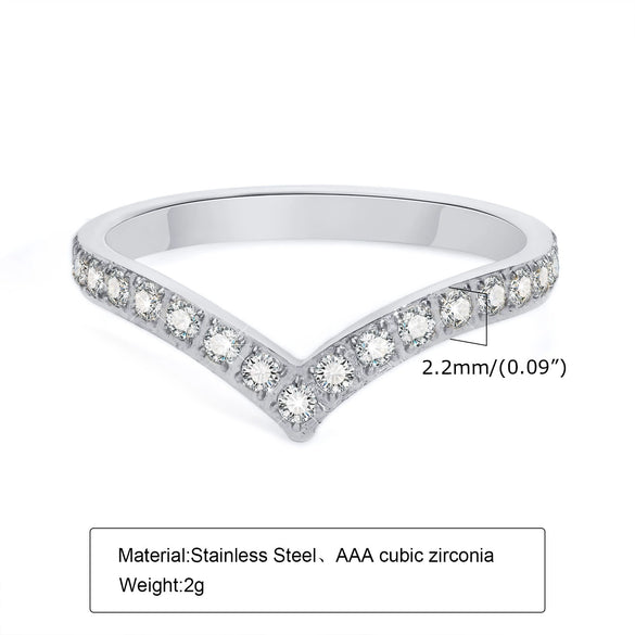 Women's Stainless Steel Geometric Vshaped Zircon Ring Jewelry With Diamond Design