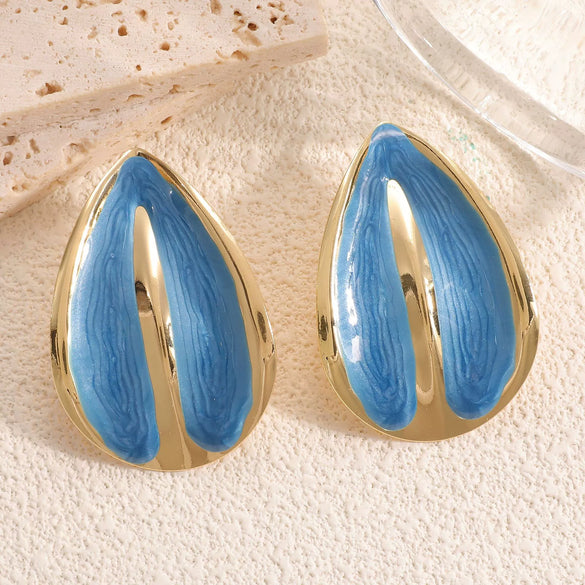 Women's Stainless Steel Geometric Water Drop Earrings With Drip Glaze And Cream Colorblocked Design