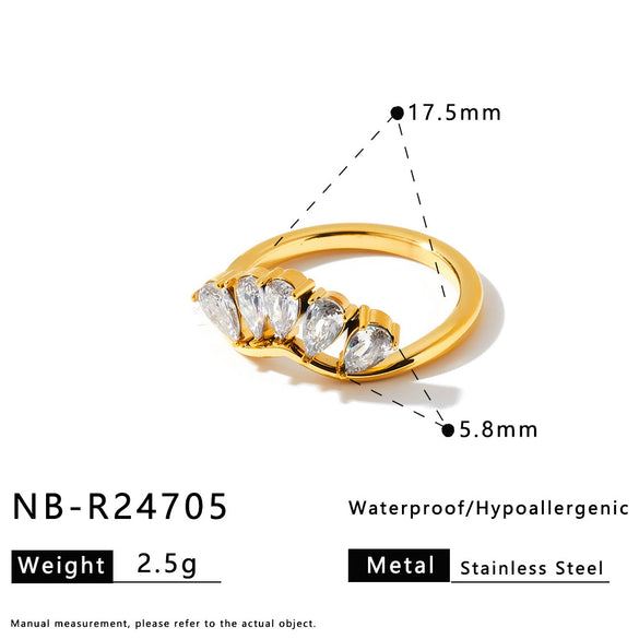Women's Stainless Steel Geometric Water Drop Ring With Zircon And 18K Vacuum Plated Finish