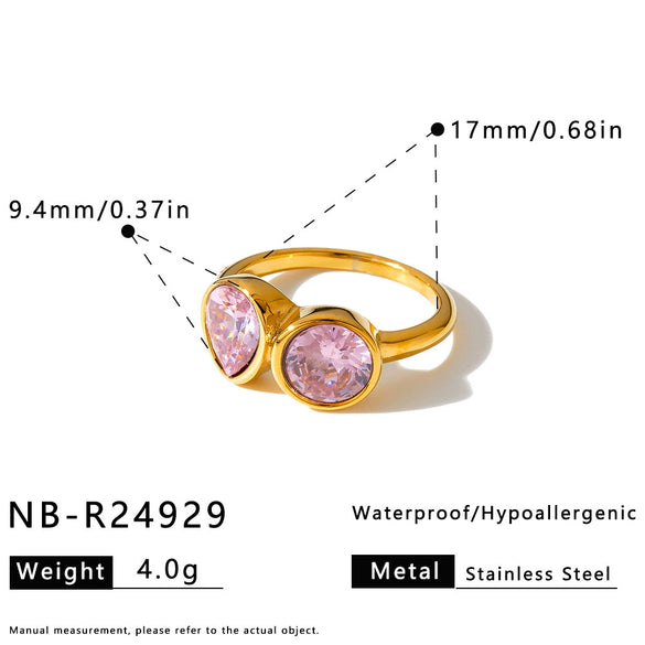 Women’s Stainless Steel Geometric Water Drop Ring With Zircon Inlay And 18K Vacuum Plated Finish