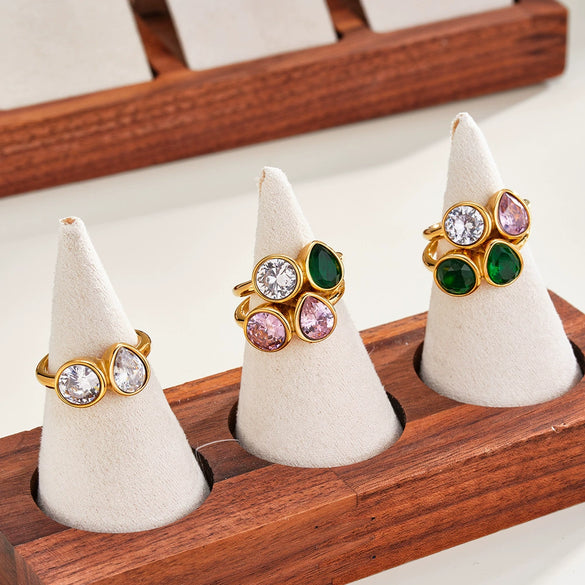Women’s Stainless Steel Geometric Water Drop Ring With Zircon Inlay And 18K Vacuum Plated Finish