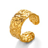 Women's Stainless Steel Geometric Wide Face Hammer Pattern Open Ring With Real Gold Plating And Flower Design