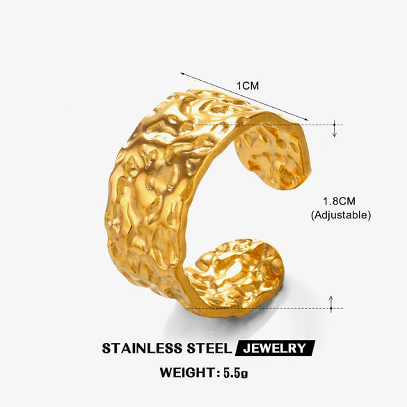 Women's Stainless Steel Geometric Wide Face Hammer Pattern Open Ring With Real Gold Plating And Flower Design