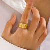 Women's Stainless Steel Geometric Wide Face Hammer Pattern Open Ring With Real Gold Plating And Flower Design