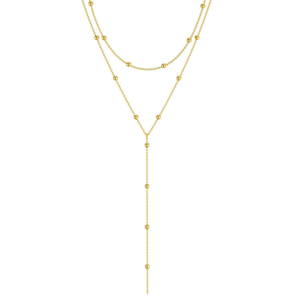 Women's Stainless Steel Geometric Y Shaped Double Layer Ball Chain Necklace With Round Bead Tassel Electroplated Stacked Pendant Jewelry