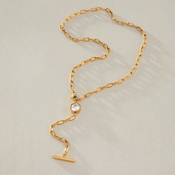 Women's Stainless Steel Geometric Ychain Choker Necklace With Tbar Pendant And Pvd Vacuum Gold Plating