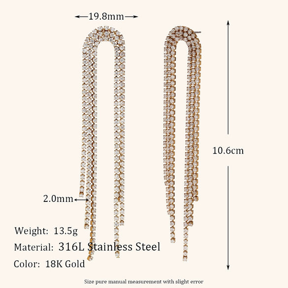 Women's Stainless Steel Geometric Zircon Tassel Statement Stud Earrings With Electroplated Gold Finish