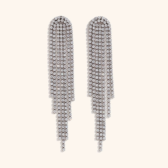 Women's Stainless Steel Geometric Zircon Tassel Statement Stud Earrings With Electroplated Gold Finish