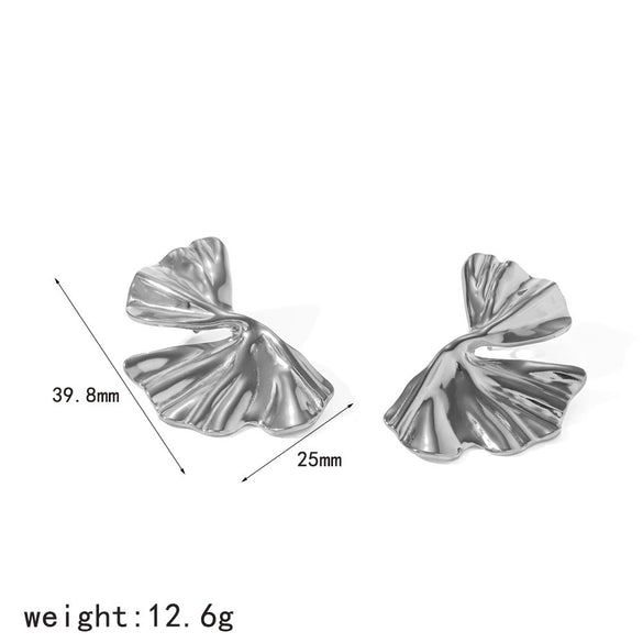 Women's Stainless Steel Ginkgo Leaf Earrings With Wrinkled Texture And Vacuum Gold Plated Finish Floral Design