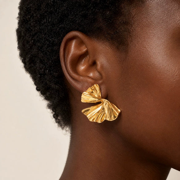 Women's Stainless Steel Ginkgo Leaf Earrings With Wrinkled Texture And Vacuum Gold Plated Finish Floral Design