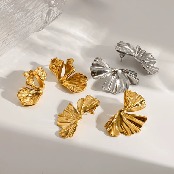 Women's Stainless Steel Ginkgo Leaf Earrings With Wrinkled Texture And Vacuum Gold Plated Finish Floral Design