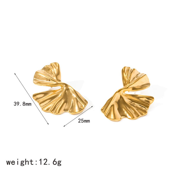 Women's Stainless Steel Ginkgo Leaf Earrings With Wrinkled Texture And Vacuum Gold Plated Finish Floral Design