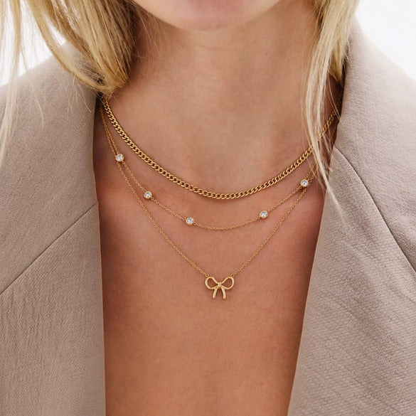 Women's Stainless Steel Gold Plated Bow Pendant Layered Necklace With Sparkling Cubic Zirconia Geometric Sweet Style