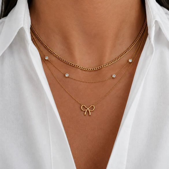 Women's Stainless Steel Gold Plated Bow Pendant Layered Necklace With Sparkling Cubic Zirconia Geometric Sweet Style