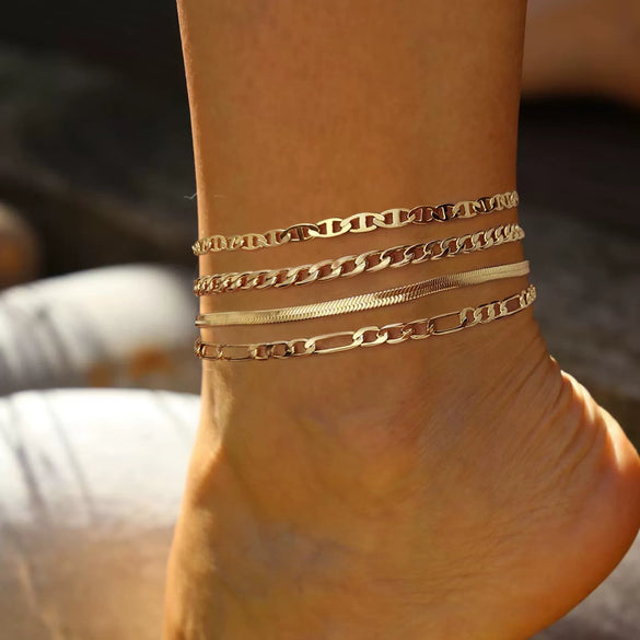 Women's Stainless Steel Gold Plated Cuban Chain Anklet Set Simple Layered Stacked Geometric Foot Jewelry