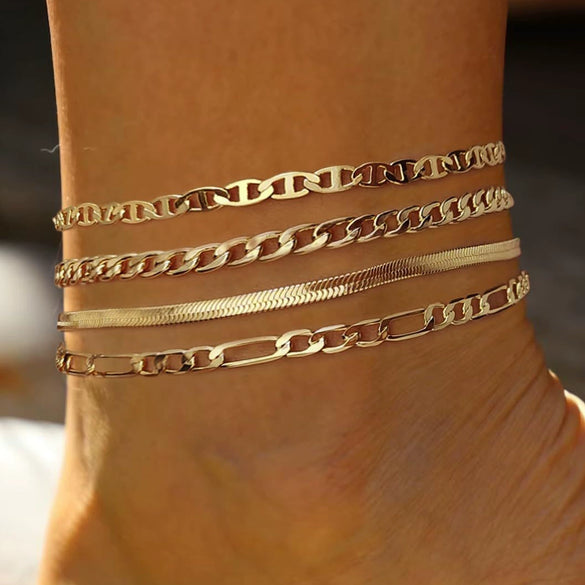 Women's Stainless Steel Gold Plated Cuban Chain Anklet Set Simple Layered Stacked Geometric Foot Jewelry