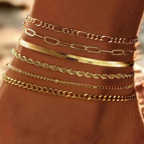 Women's Stainless Steel Gold Plated Cuban Chain Anklet Set Simple Layered Stacked Geometric Foot Jewelry