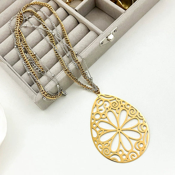 Women's Stainless Steel Gold Plated Jewelry Pearl Ginkgo Leaf Water Drop Flower Pendant Layered Necklace