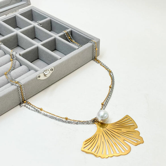 Women's Stainless Steel Gold Plated Jewelry Pearl Ginkgo Leaf Water Drop Flower Pendant Layered Necklace