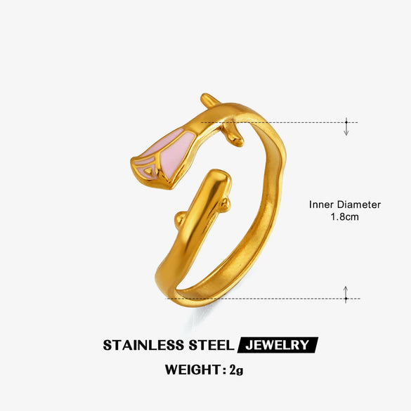Women's Stainless Steel Gold Plated Oil Drip Flower Ring Sweet Stylish Floral Rose Design